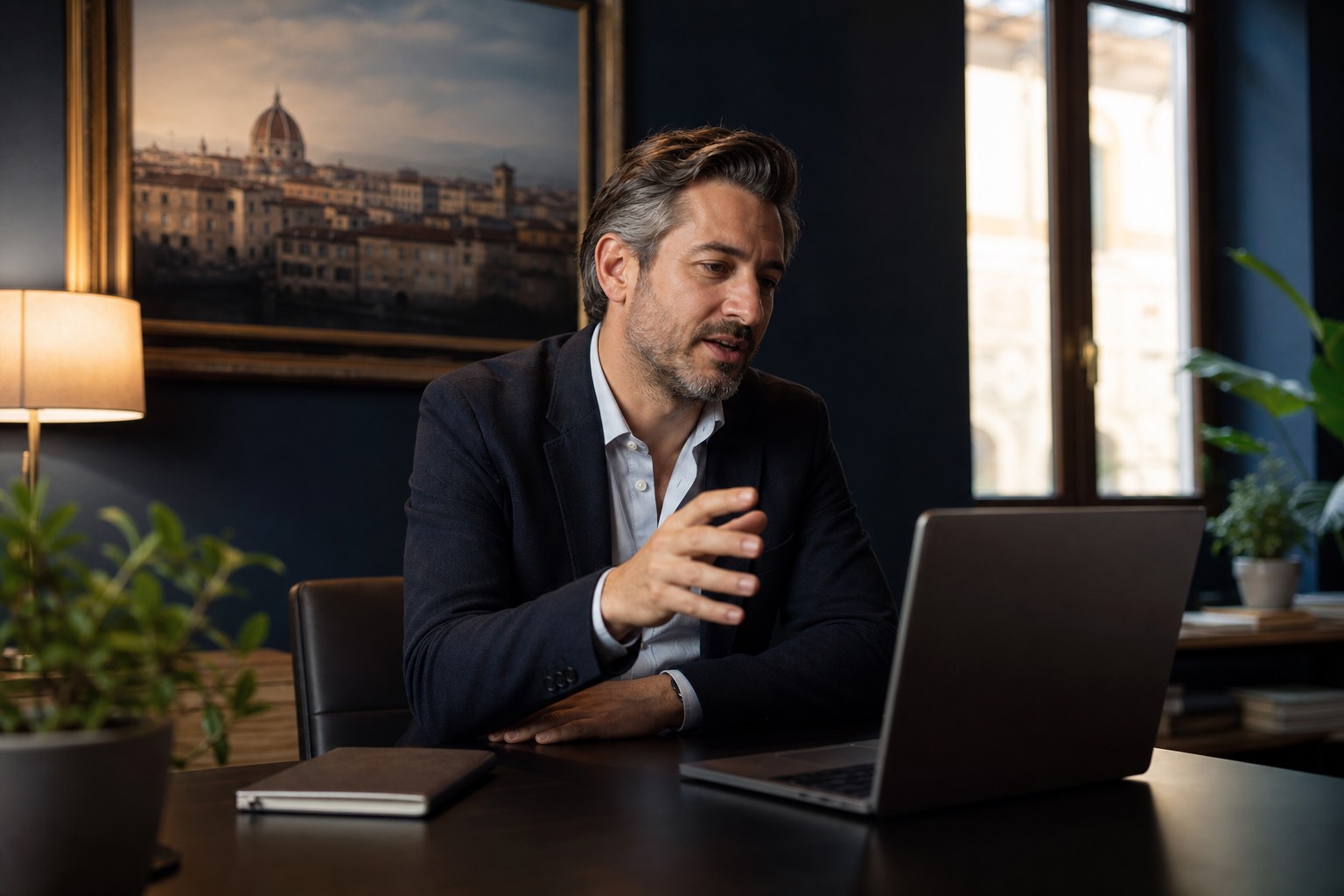 Imprenditore che parla con l'assistente AI del CRM al laptop, in un ufficio italiano
