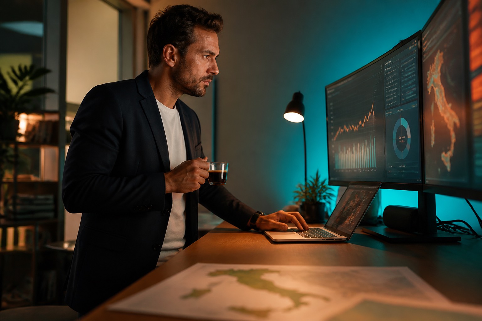 Marketer al laptop che prepara una campagna Google Ads Search, espresso e mappa d'Italia sullo sfondo