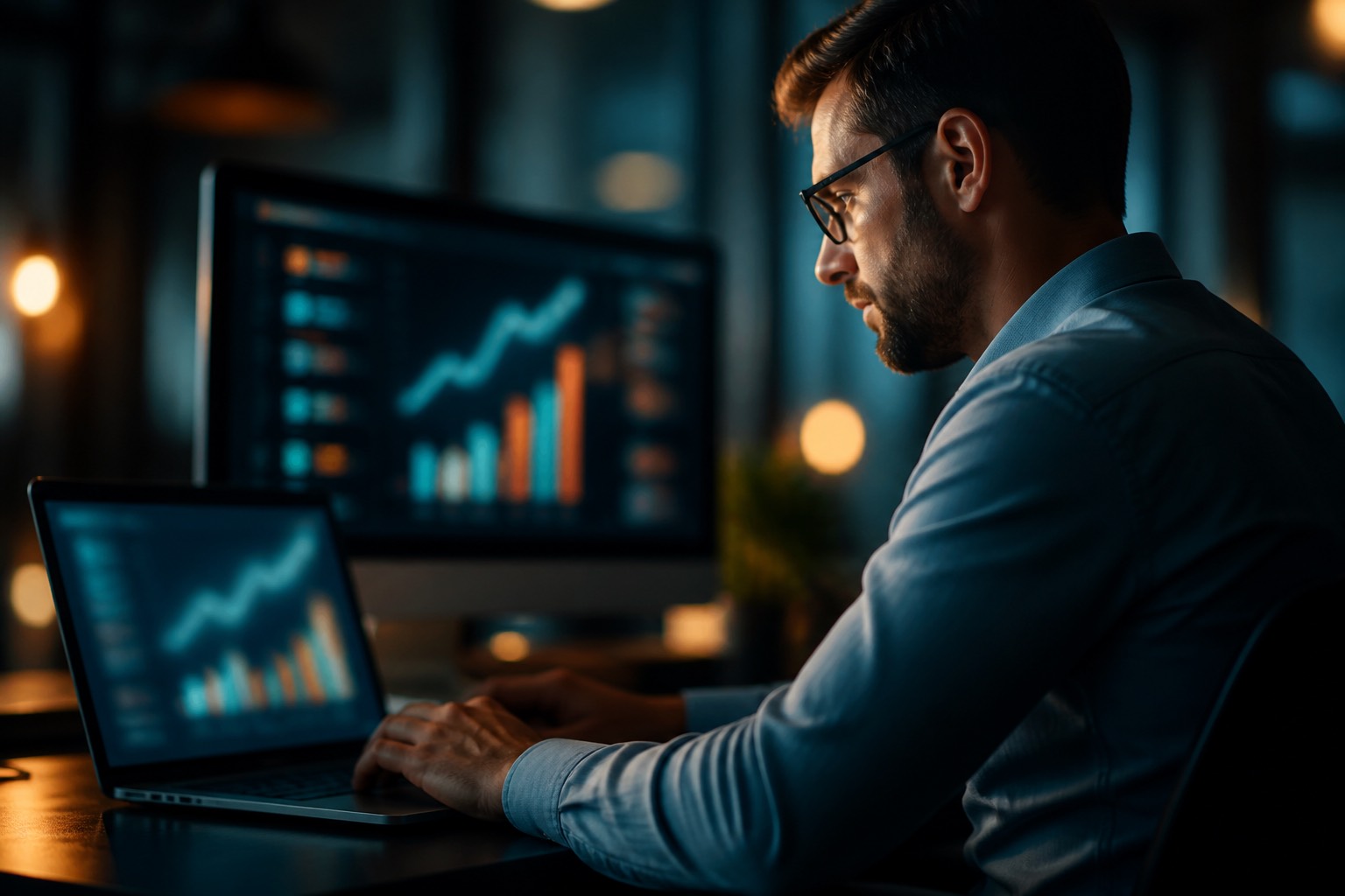 Marketer di fronte a grafici di andamento campagne pubblicitarie su laptop, in un ufficio scuro