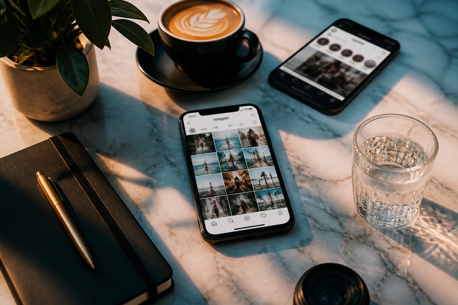 Smartphone su una scrivania di agenzia con feed social sfocato, reportistica Facebook e Instagram